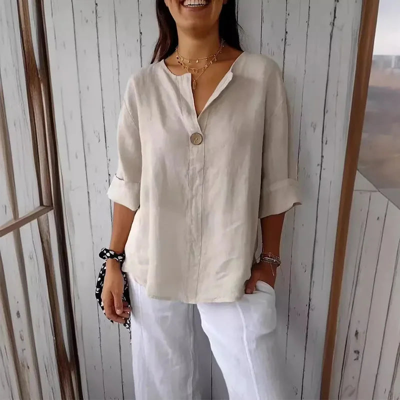 Plus-size Women's Spring and Summer New Arrival Solid Color European and American Casual Style Cotton Linen Mid-sleeve T-shirt