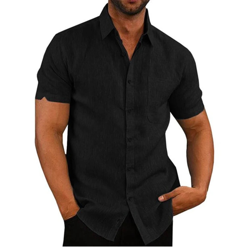Men's Cotton Linen Summer Short Sleeve Shirt in Solid Color with Turn-down Collar, Casual Plus Size Beachwear  -  black