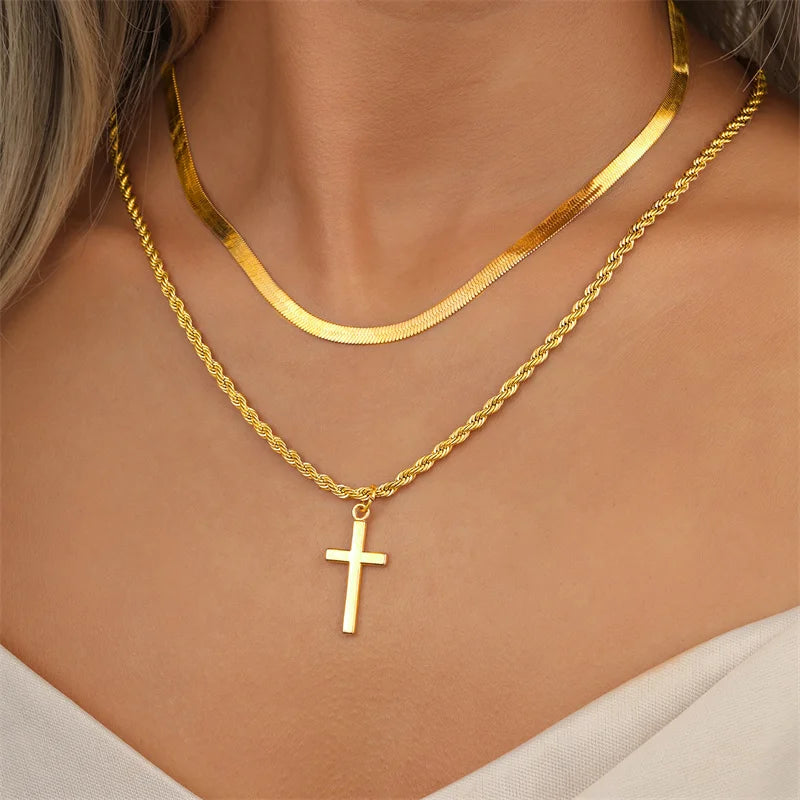 Unisex's cross pendant necklace with gold plated silver color simple twisted chain, fashionable jewelry for beach or party gift gold 07