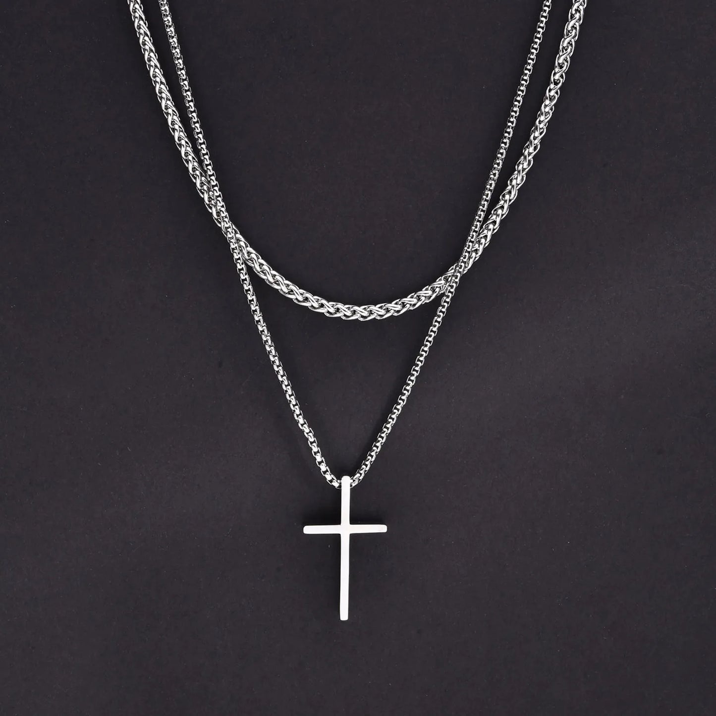 Vnox stainless steel layered men’s cross pendant necklace with rope chain  -  06