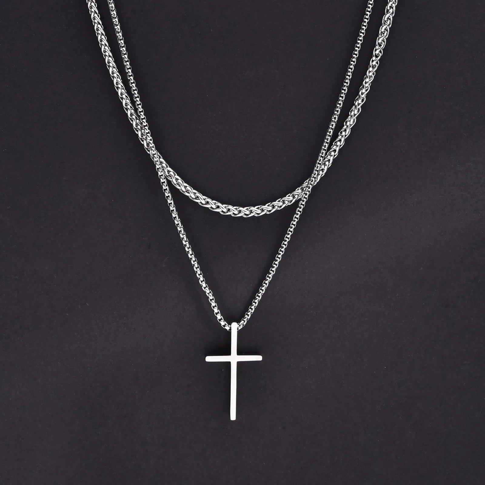Vnox stainless steel layered men’s cross pendant necklace with rope chain  -  06
