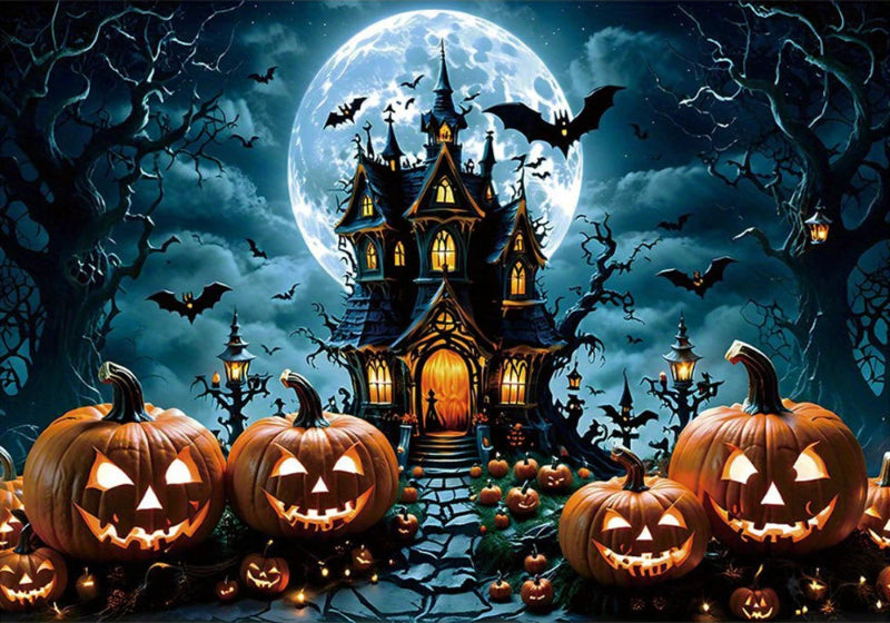 Halloween-themed scene with pumpkins, bats, and a haunted castle under a full moon.