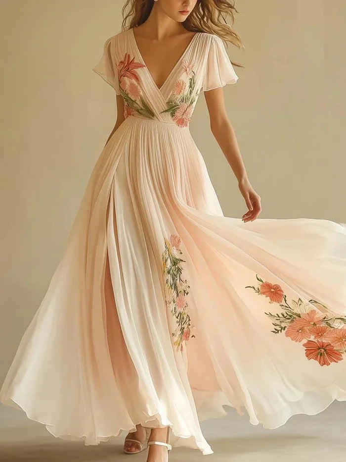 Woman wearing a flowing dress with floral embroidery against a neutral background