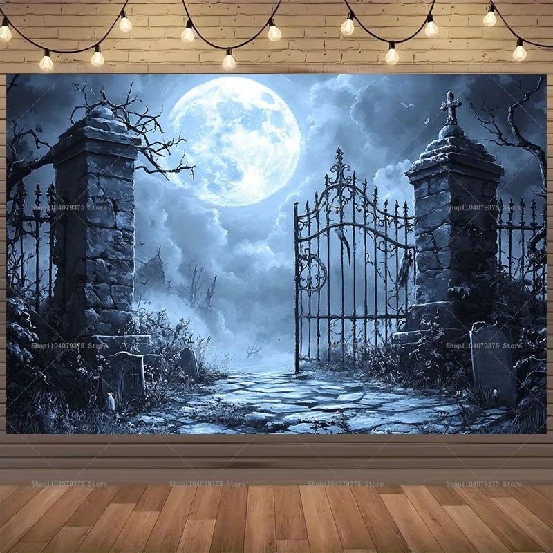 Gothic-style gate under a full moon with decorative lights above, on a wooden floor.
