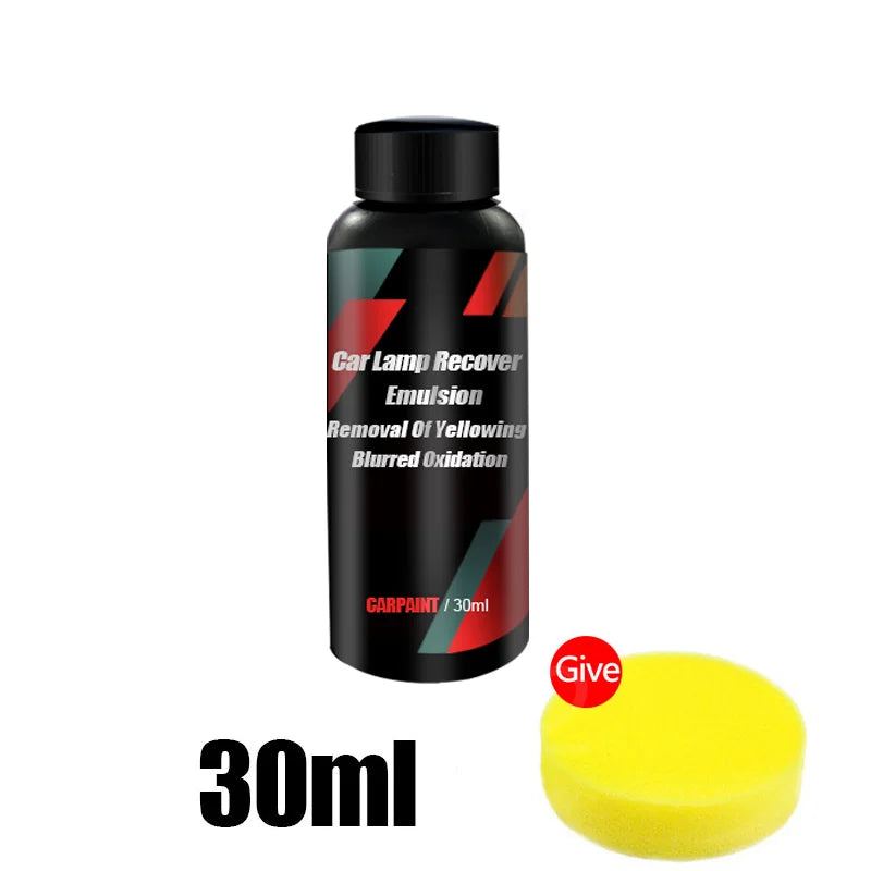 Black bottle of car lamp recover emulsion with a yellow sponge on a white background