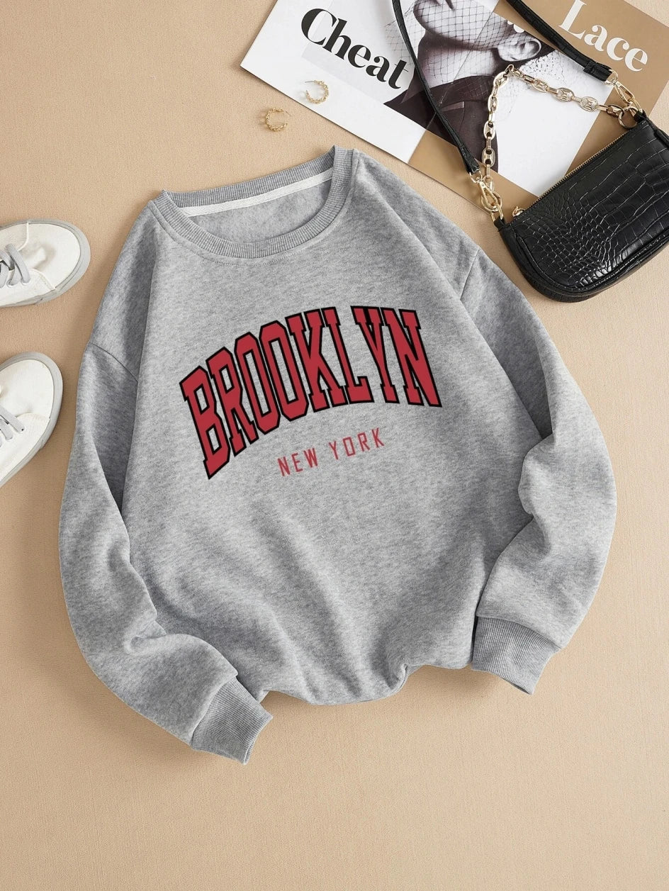 Brooklyn New Work Printed Hoodie Women’s Cotton Colorful Casual Top - grey