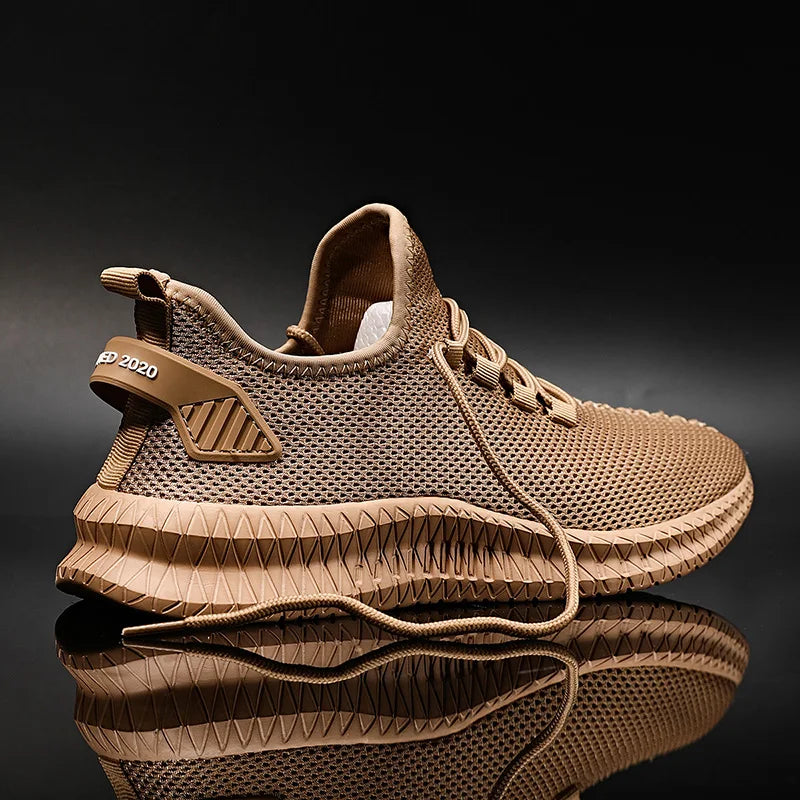 A pair of brown unisex casual sneakers with a mesh upper and EVA outsole, featuring a lace-up closure and designed for outdoor activities.