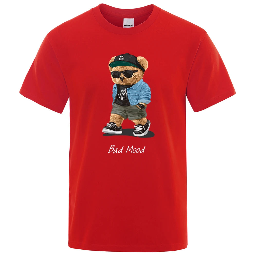 Red t-shirt with a bear graphic and 'Bad Mood' text on a white background