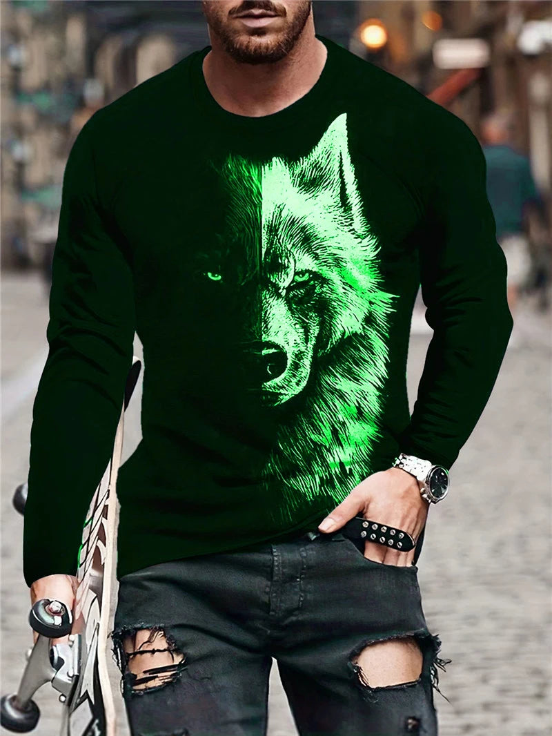 Person wearing a black long-sleeve shirt with a green wolf graphic on a blurred street background