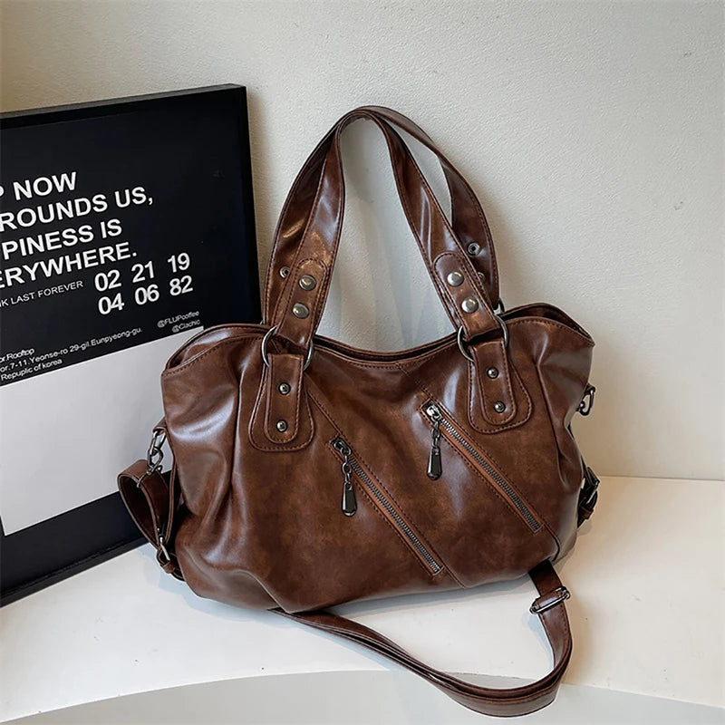 Glossy PU Designed Rivet Zipper One Shoulder Bag Large Capacity Versatile Tote Bags Delicate Soft All-Match Crossbody Packs