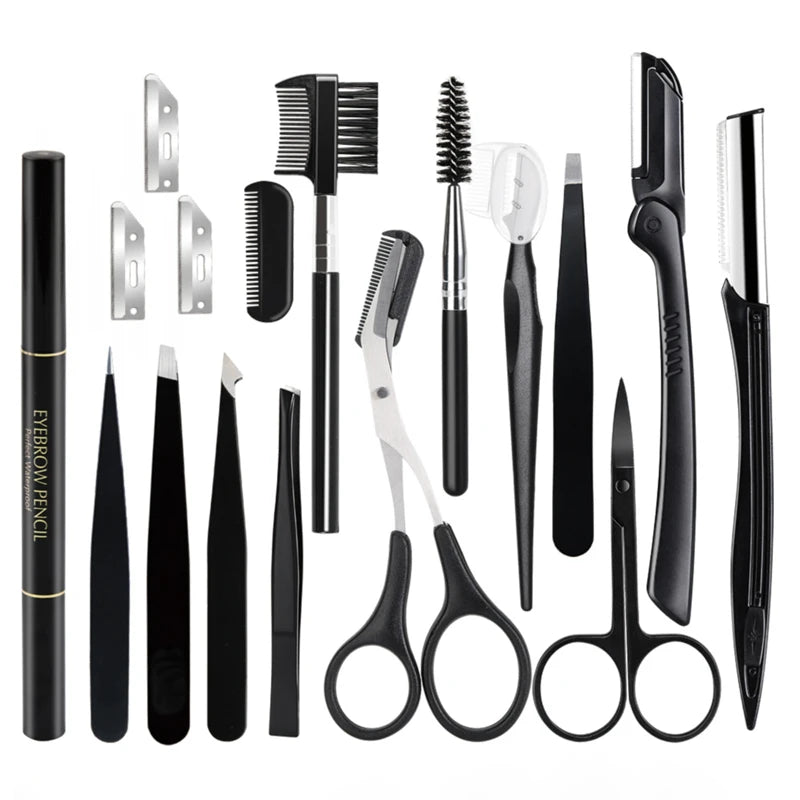 Set of black eyebrow grooming tools including scissors, tweezers, and a pencil on a white background.