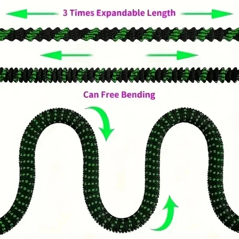 Expandable green and black hose with text indicating expandable length and free bending capabilities.