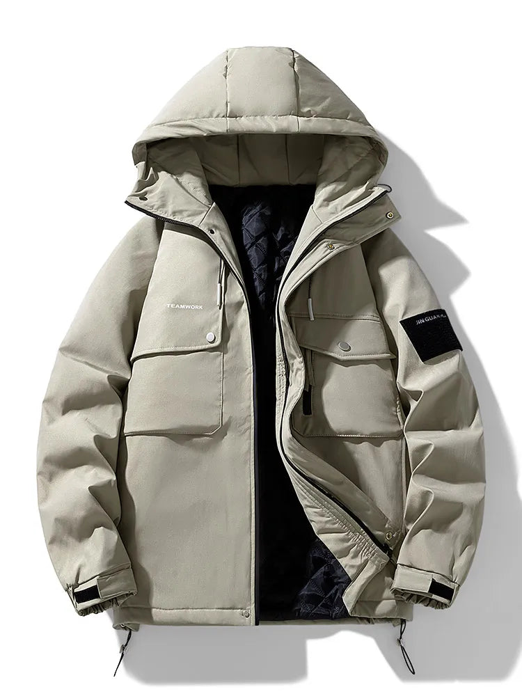 Beige winter jacket with a hood on a white background