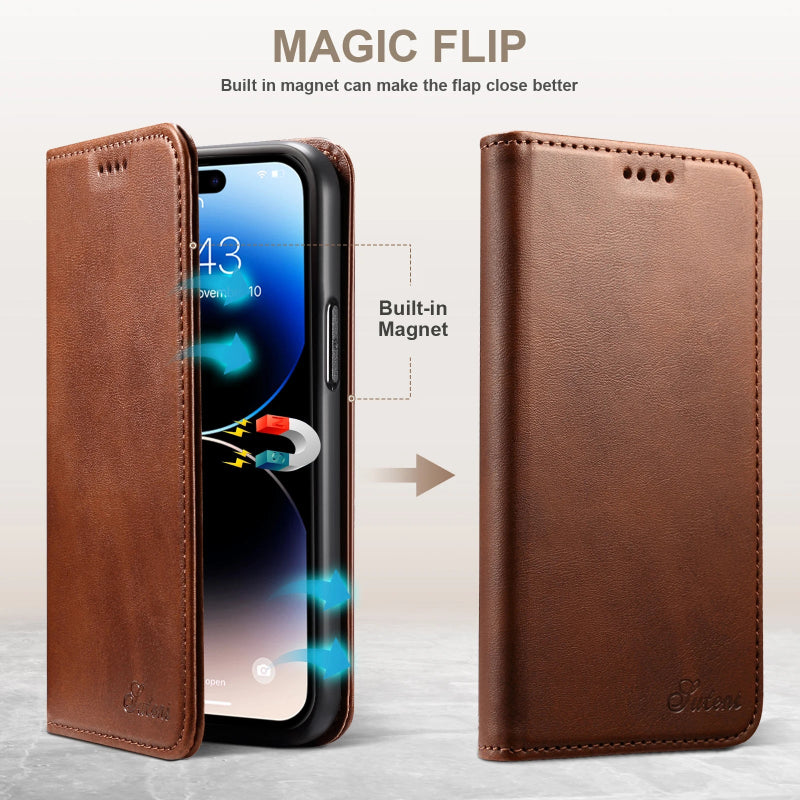 Brown phone case with magnetic feature on a white background