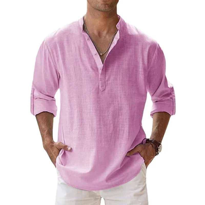 Lightweight men’s long sleeve cotton linen Henley shirt in casual beach style pink