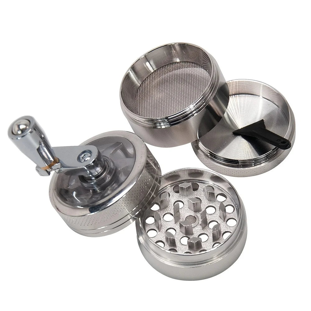 Metal grinder with multiple compartments on a white background