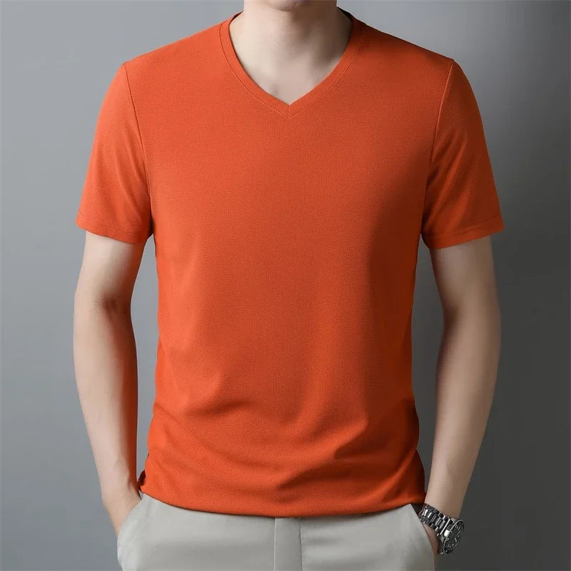 2024 men's waffle knit V-neck short sleeve summer t-shirt in solid color  - orange