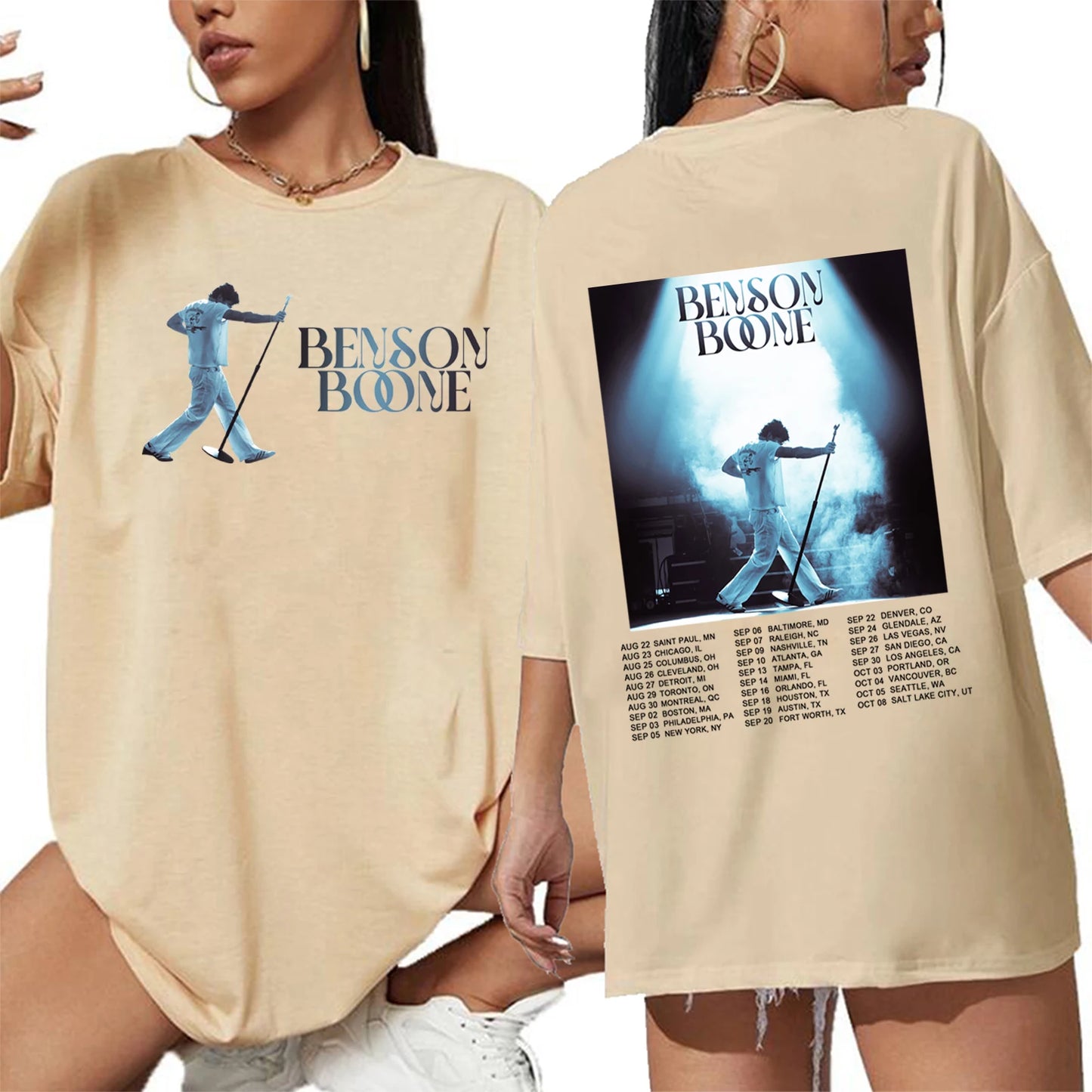 Beige t-shirt with 'Benson Boone' graphic design on front and back