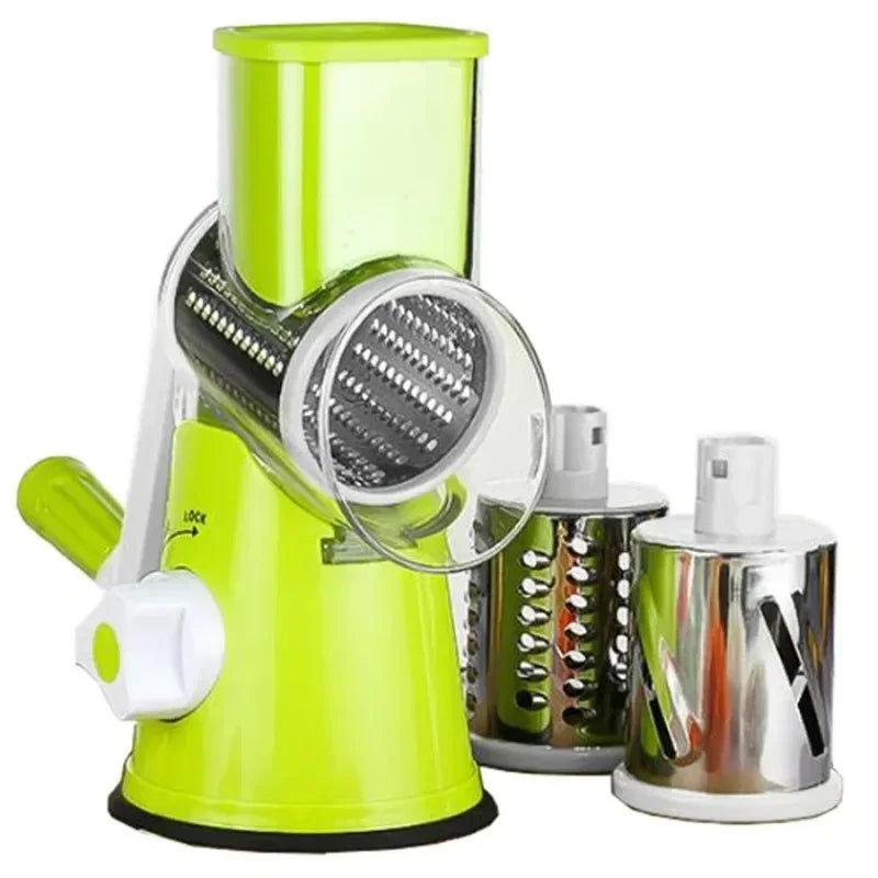 Manual vegetable cutter and slicer with 3 sharp drums for cheese, garlic, potato, multifunctional kitchen chopper shredder machine green