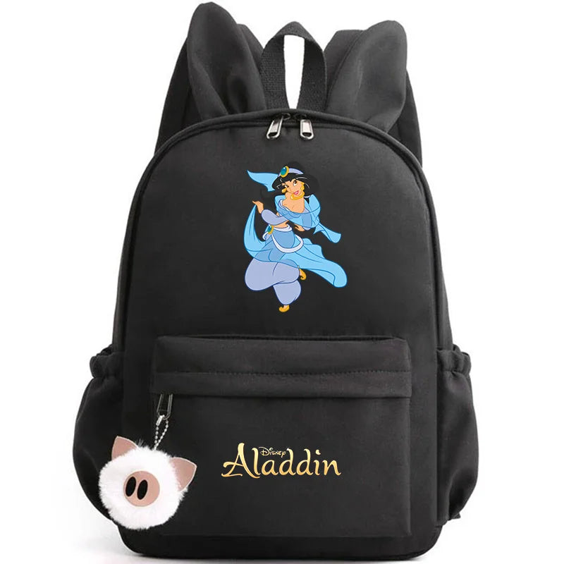 Black backpack with Aladdin design and 'Aladdin' branding on a white background