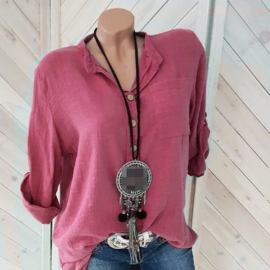 Women Blouses Cotton Linen Blouse Autumn Shirts Casual Long Sleeve Button V Neck Loose Shirt Lady Tops Tailor-made T-Shirts