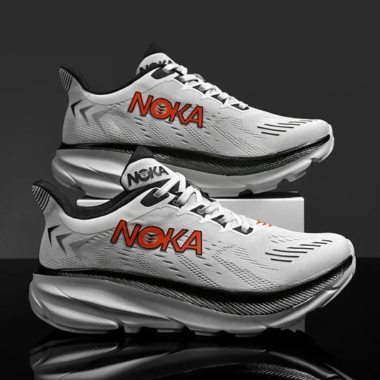 White running shoes with red 'Noka' logo on a black background