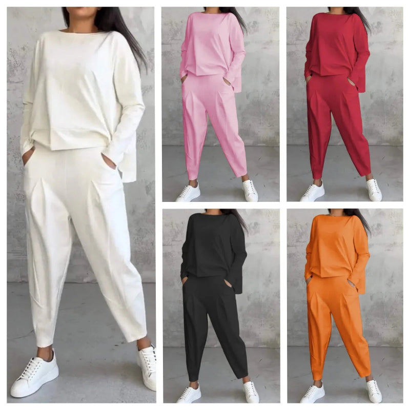 Collage of five different color options of a matching outfit with a neutral background.