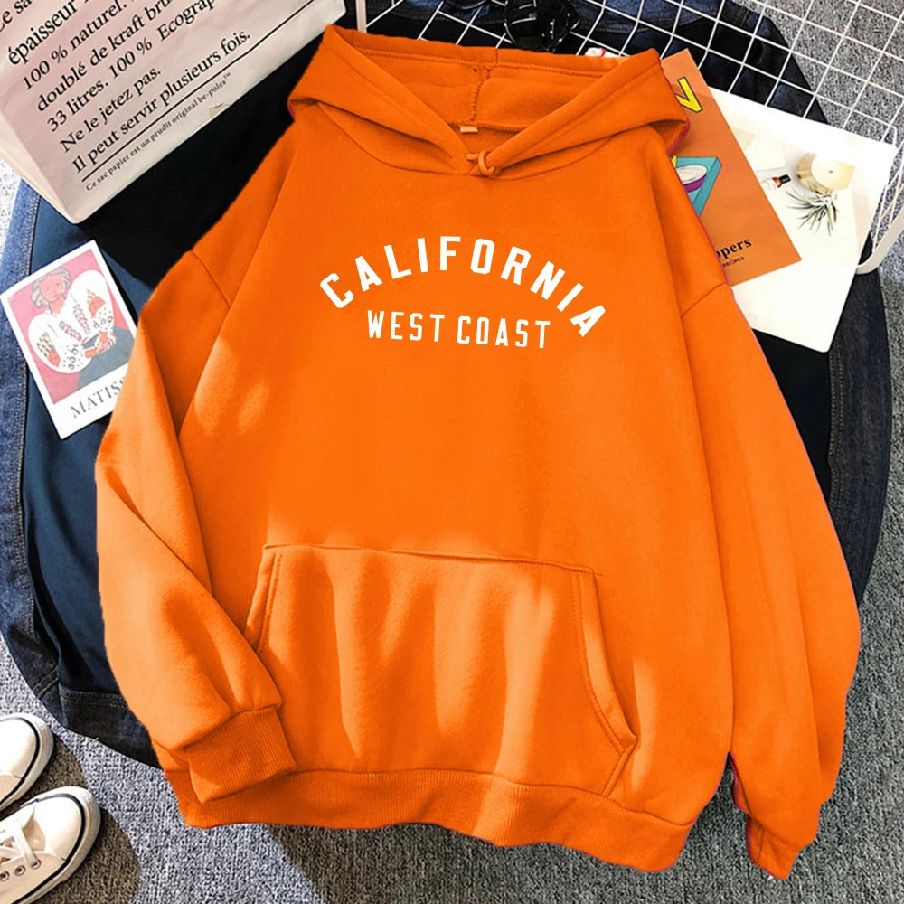 Women's California West Coast loose hoodie with creative pattern and fleece lining- orange