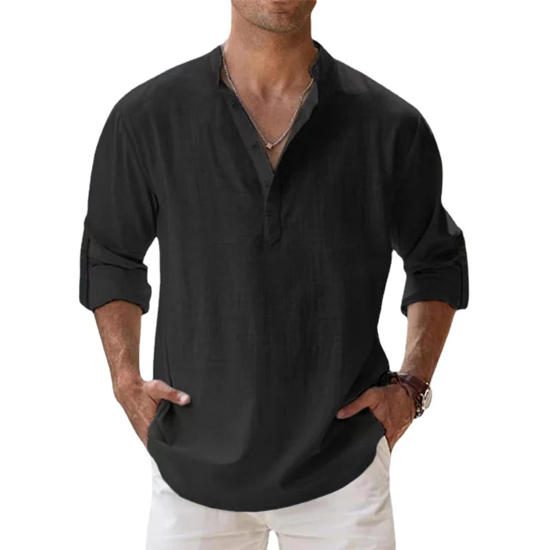 Lightweight men’s long sleeve cotton linen Henley shirt in casual beach style black