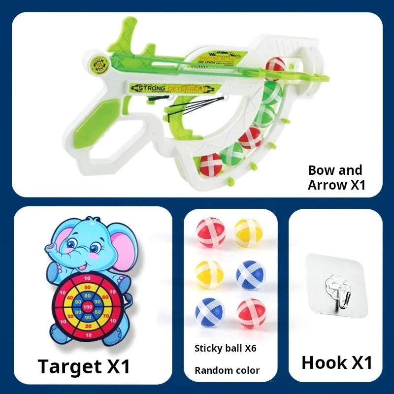Toy bow and arrow set with target, sticky balls, and hook on a blue background