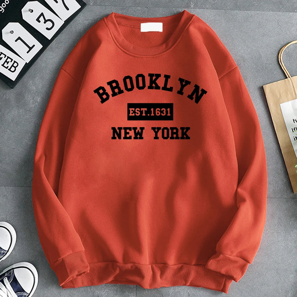 Women's Brooklyn 1631 letter print hoodie in soft fleece, gray pullover- orange 02