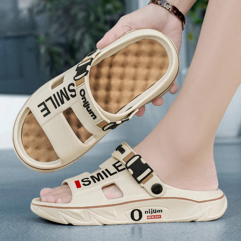 2025 men’s massage slippers soft indoor outdoor beach sandals slides clogs casual home shoes for men and women beige