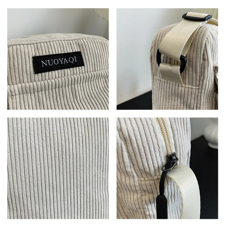 Striped corduroy fabric shoulder bag with zipper and crossbody strap, casual canvas tote for women beige 2