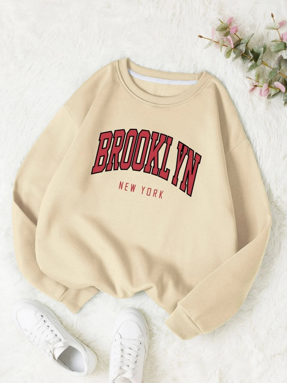 Brooklyn New Work Printed Hoodie Women’s Cotton Colorful Casual Top - beige