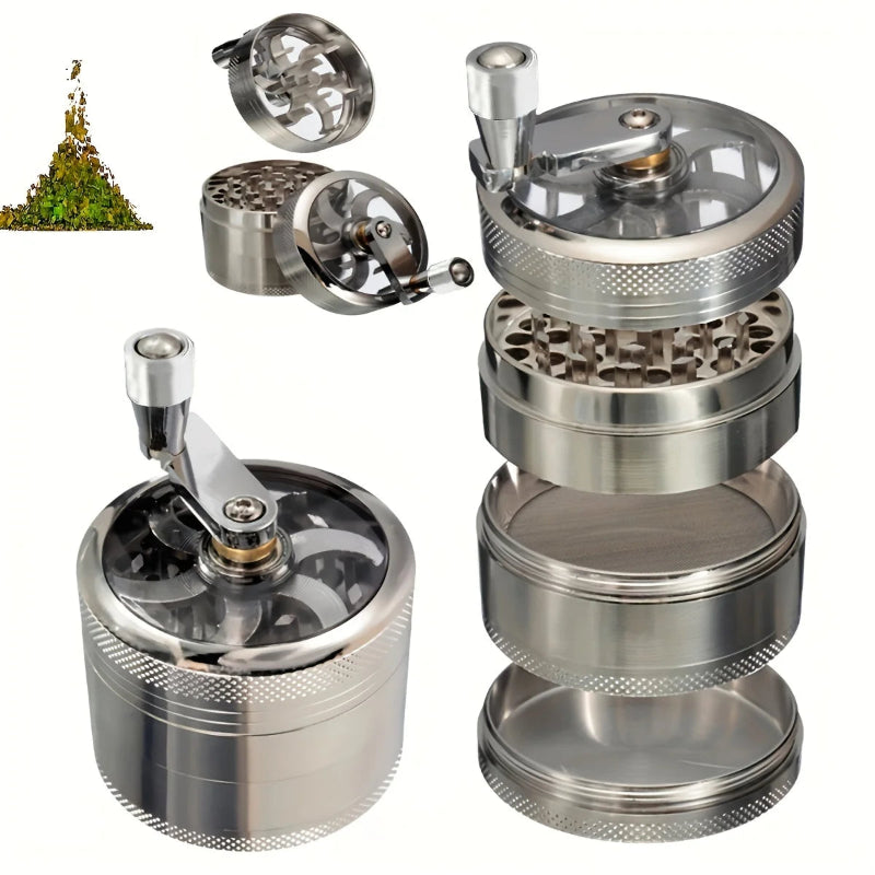 Metal grinder with multiple parts on a white background