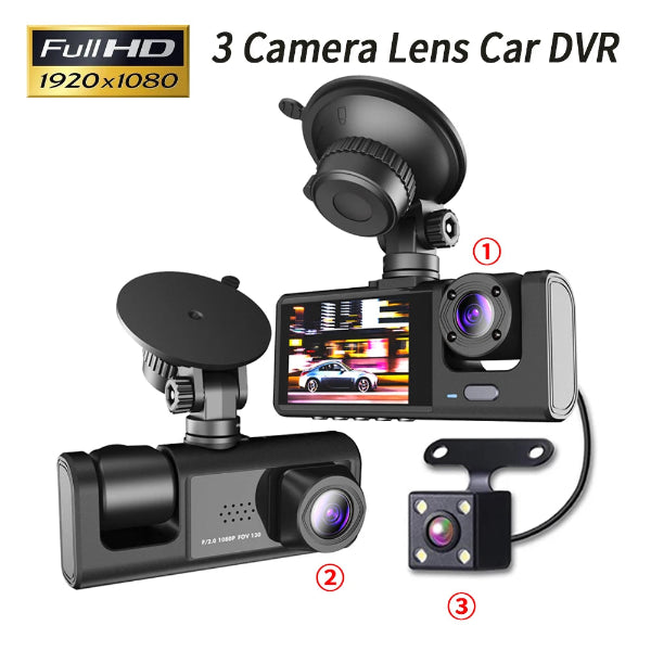3-channel car dash camera with 1080P HD recording, 3-lens system for front, inside, and rear coverage – perfect for driving safety and surveillance - full hd1920x1080