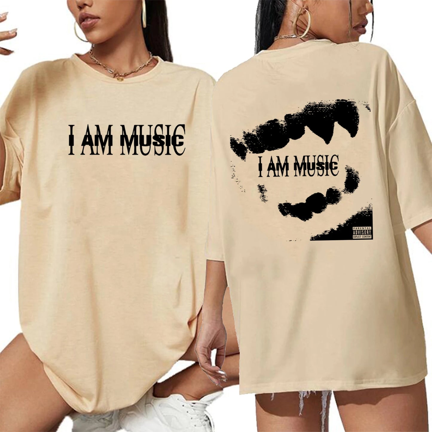 Beige t-shirt with 'I AM MUSIC' text on front and back, worn by a person.