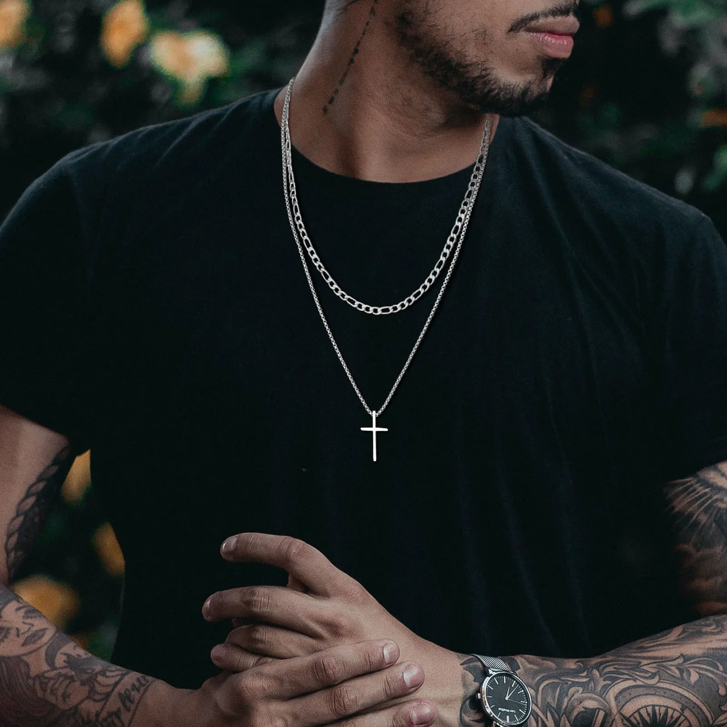 Vnox stainless steel layered men’s cross pendant necklace with rope chain -  02