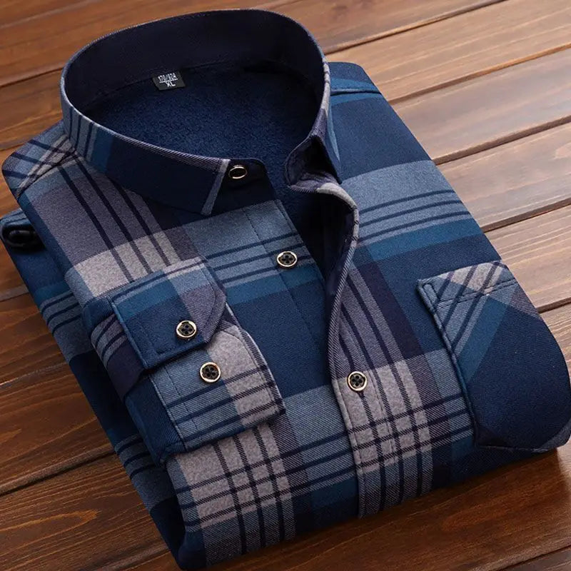 2024 men's thick warm plaid shirt with long sleeves in large 4XL size - blue and gray