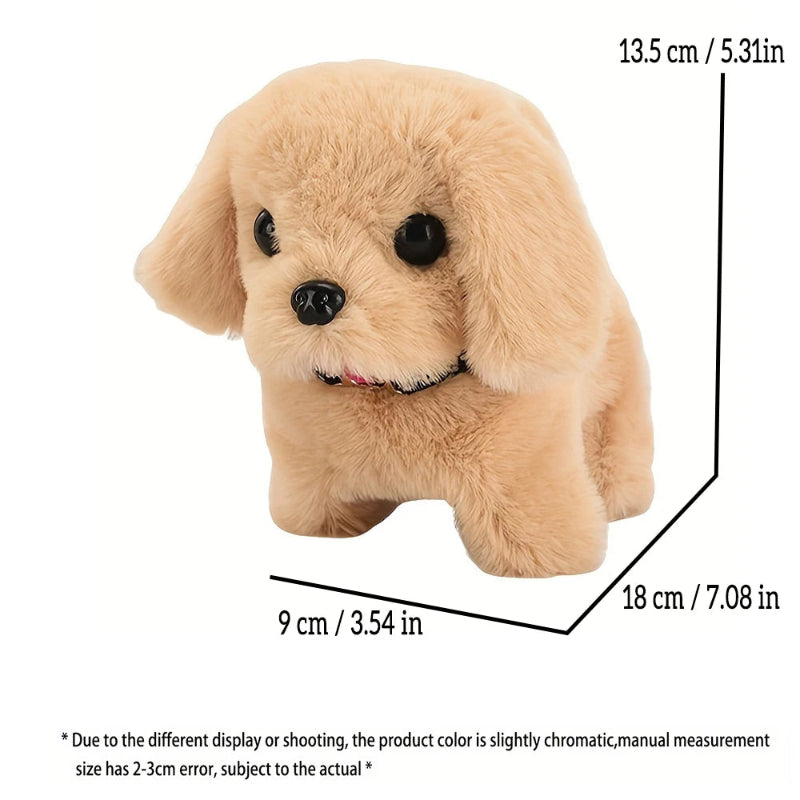 Plush dog toy with measurements on a white background