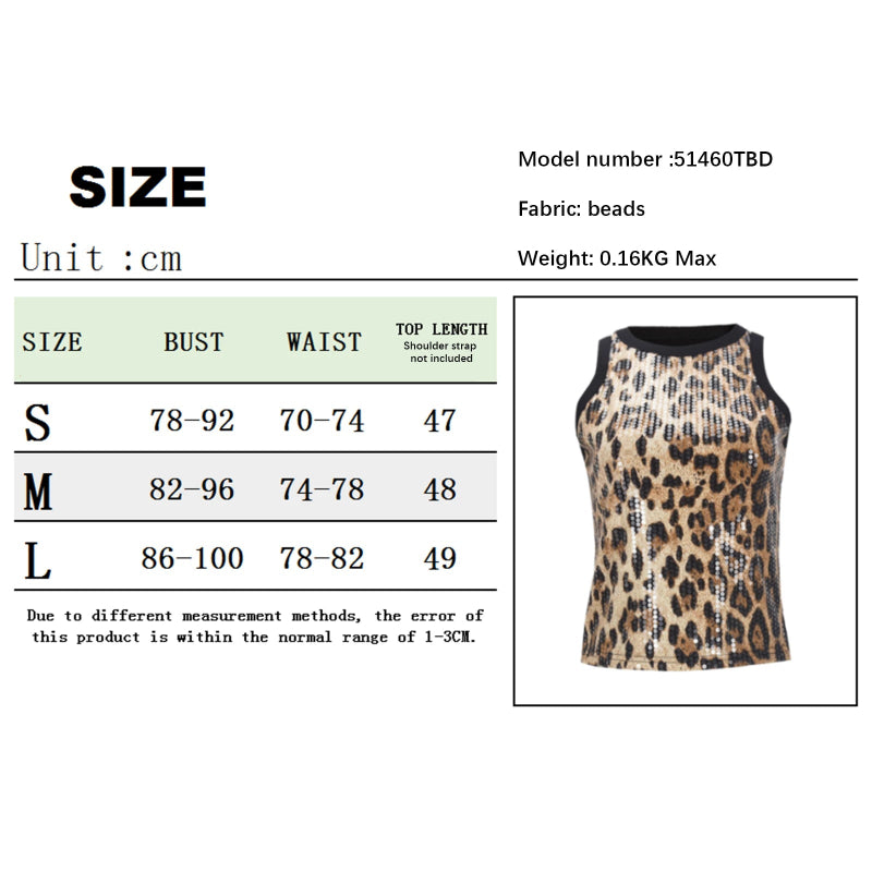 Size chart and leopard print tank top with fabric bead details on a white background