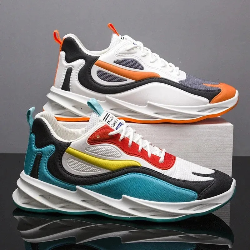 Colorful sneakers on a reflective surface with a gray background