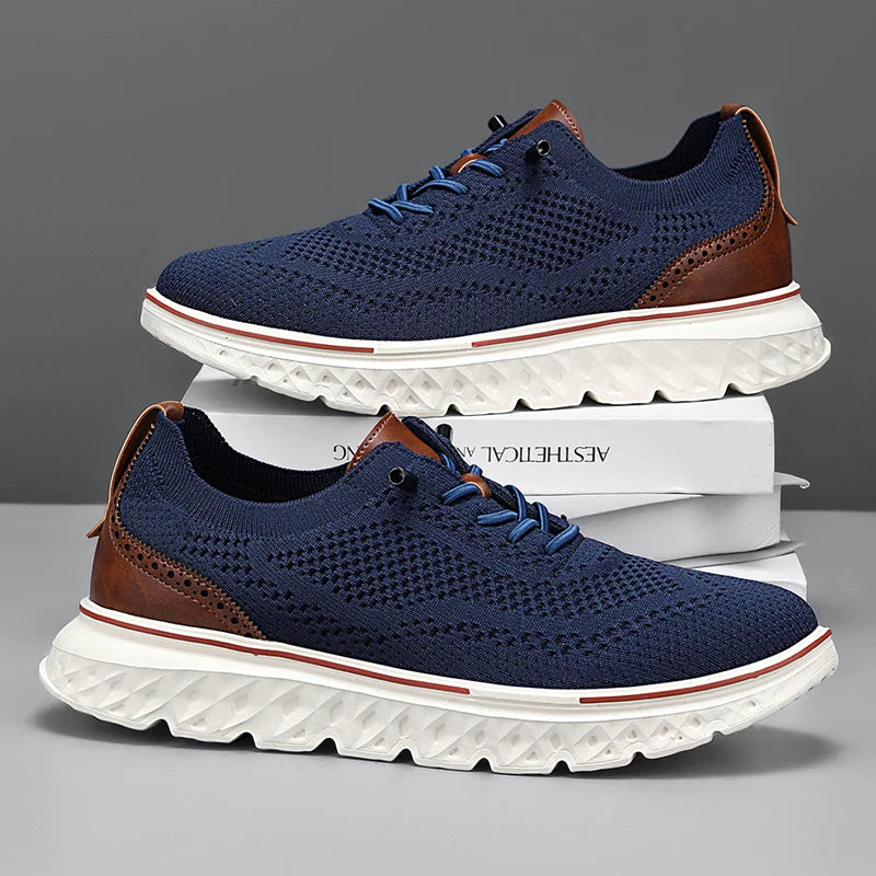 Blue and brown sneakers with white soles on a gray background