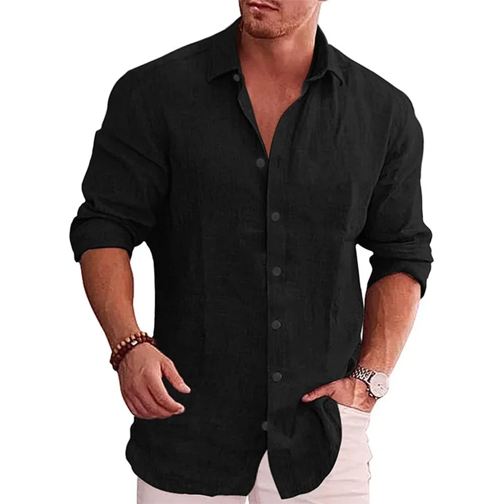 Men’s long sleeve cotton linen shirt in solid color, casual autumn wear, breathable fabric   -  black