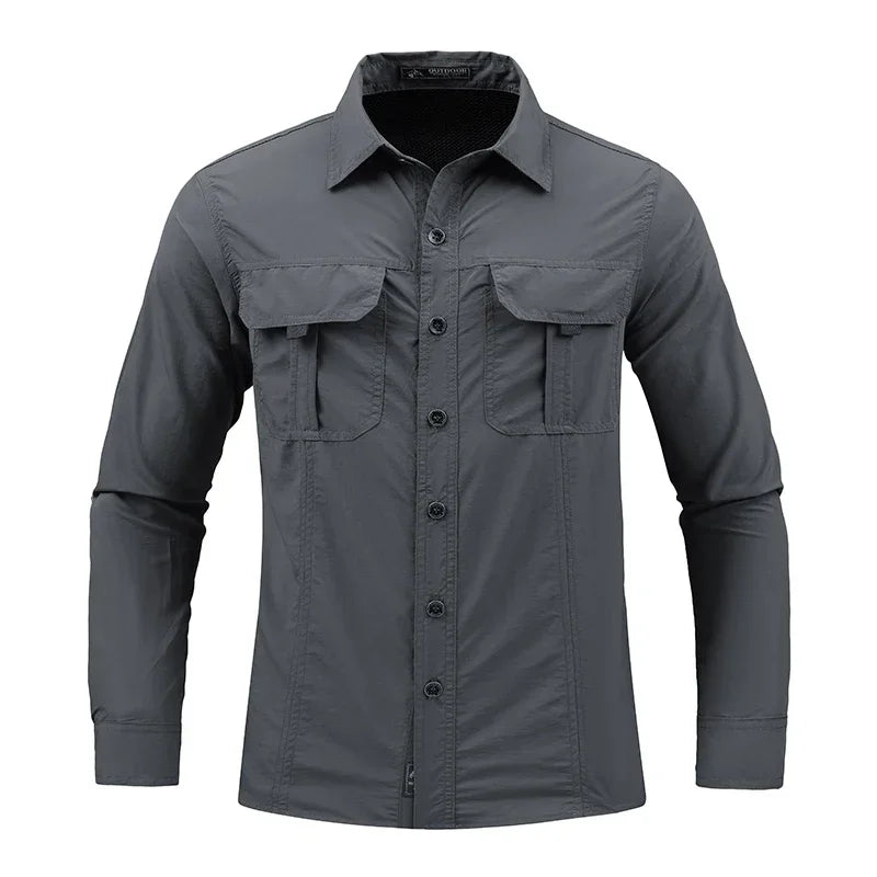 Gray button-up shirt with two front pockets on a white background