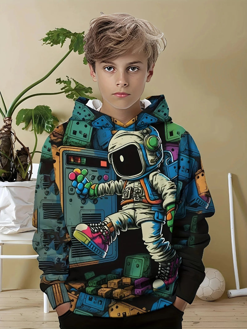 A boy wearing a black hoodie with a 3D print of a toy bear wearing sunglasses.