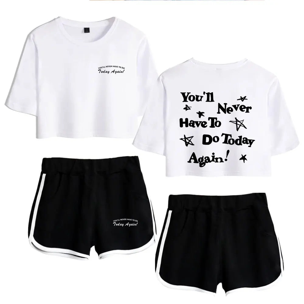 White t-shirt and black shorts with text on a white background