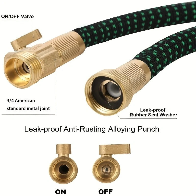 Garden hose with brass valve and labeled features on a white background