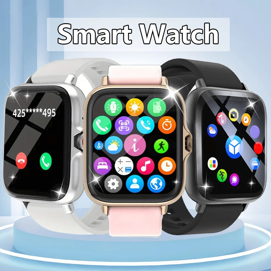 Three smart watches with colorful displays, showcasing different watch bands and phone app icons, indicating wireless calling and smart notifications.