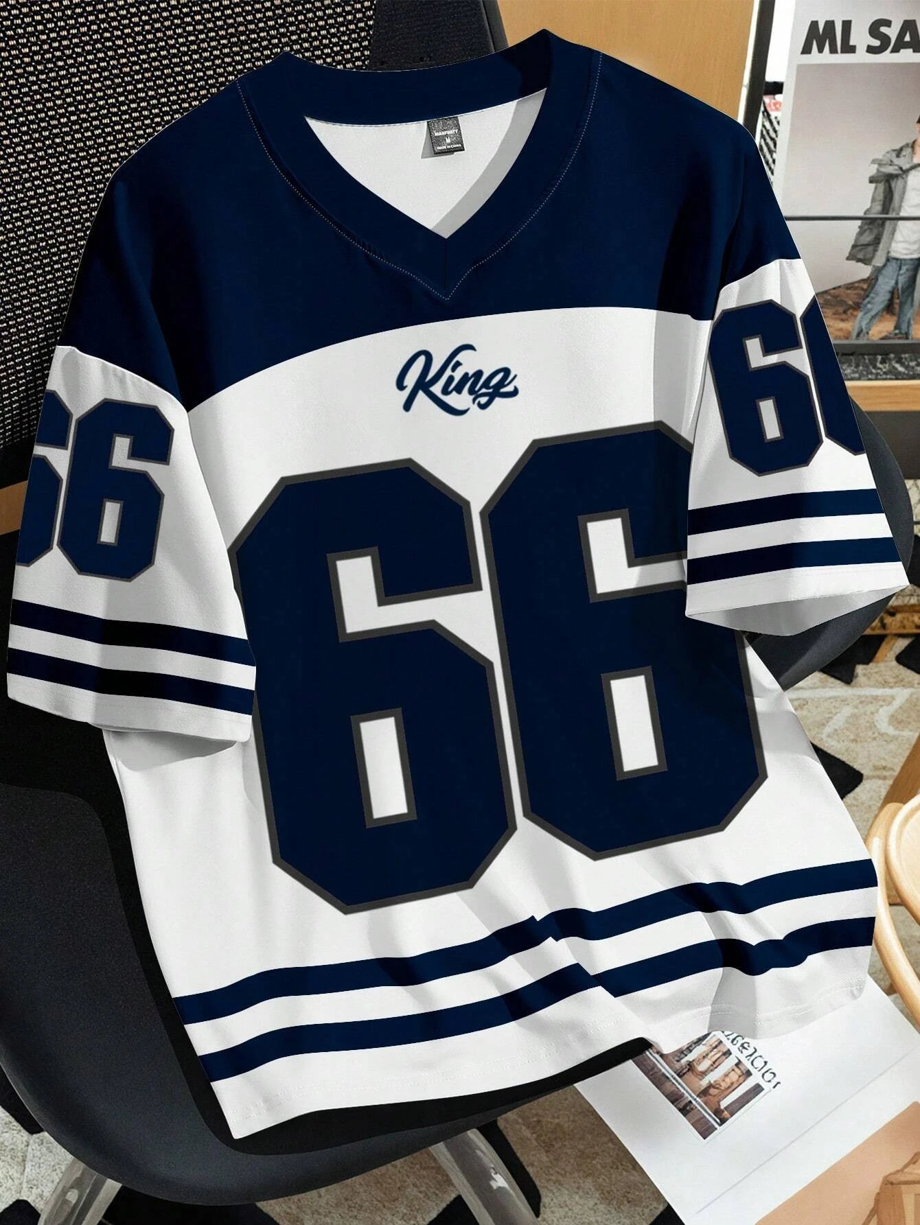 Women Clothing No.66 V-neck Football Jersey -white blue